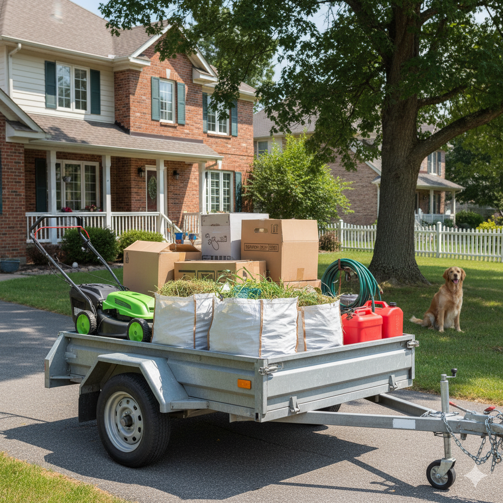 Trailer loaded with grass and a lawn-cutting machine in a garden